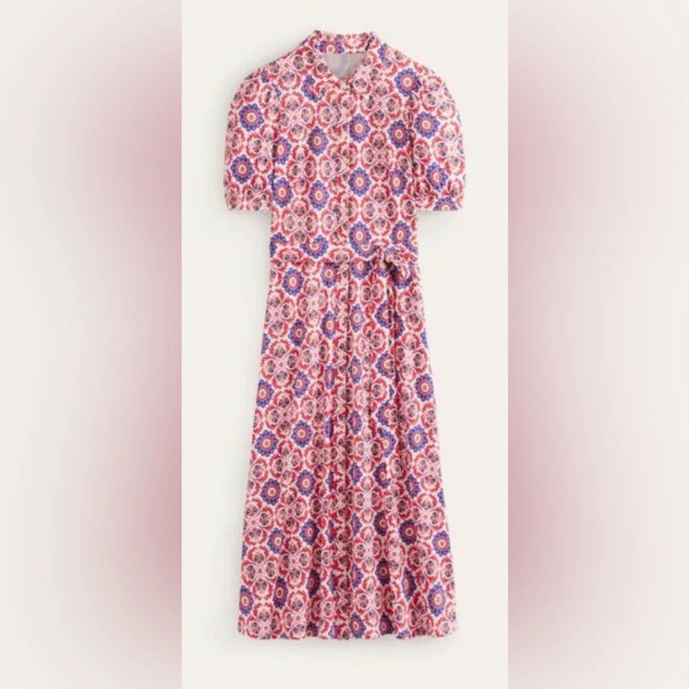 Boden, Libby, Bold Colorful Printed Tie-Waist Midi Dress - Picture 4 of 16